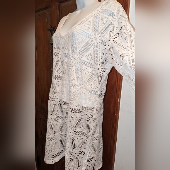 Sheer Crochet Lace Dress Mini Tunic Cover-up White Swimsuit 🤍 Beach - Picture 3 of 11
